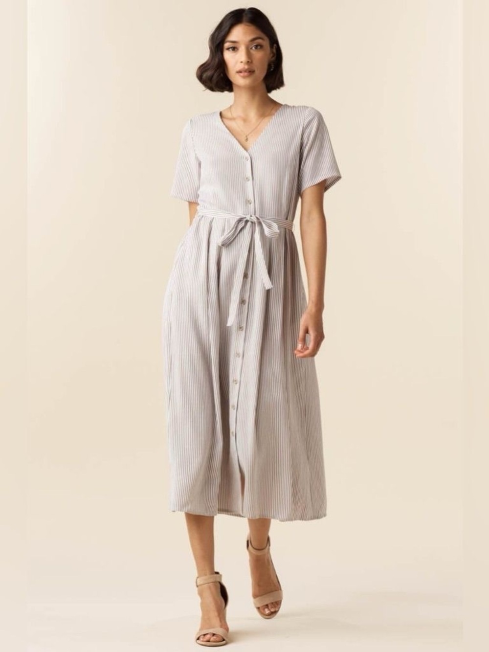 Vetta 100% tencel cream and tan striped dress v neckline midi length size XL